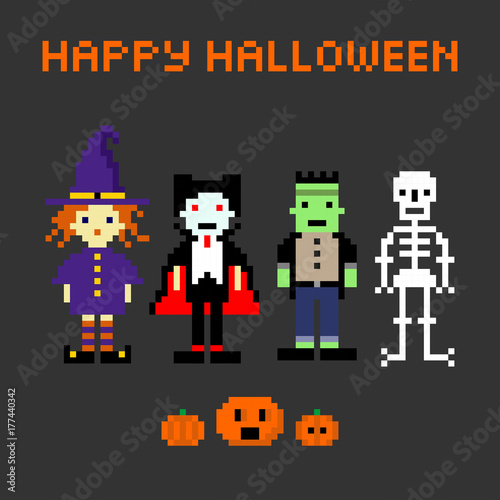 Halloween set in style of eight-bit game. Witch, Dracula, Frankenstein, skeleton.Pumpkin, inscription happy Halloween.Vector illustration © svetlanasmirnova