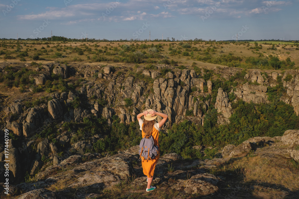 Obraz premium happy young girl standing on a background of the canyon. View from the back