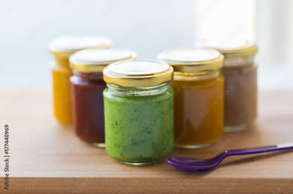 vegetable or fruit puree or baby food in jars