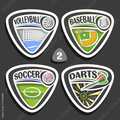 Vector set of sport logos, 4 triangle simple badges with balls, sports signs of minimal design with game equipment for sporting club or school, original type for title words of different kind of sport