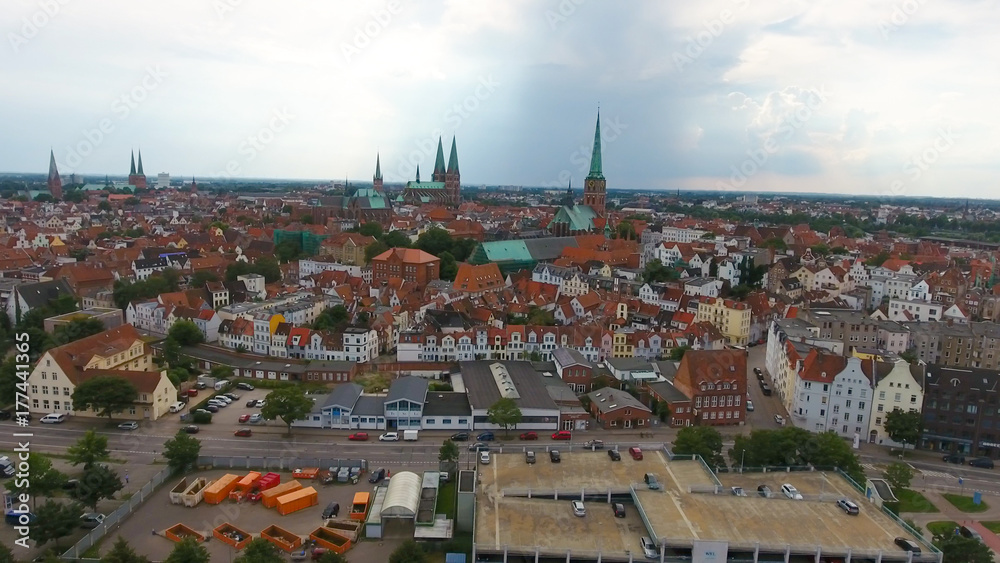 Aerial view of Lubeck at sunset, Germany