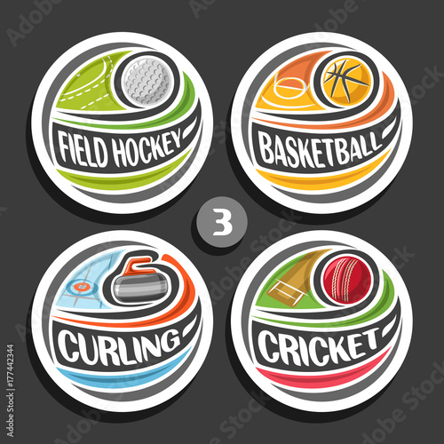 Vector set of sport logos, 4 round simple badges with flying ball on curved trajectory, circle sports signs of minimal design with games equipment, original type for words of different kind of sport.