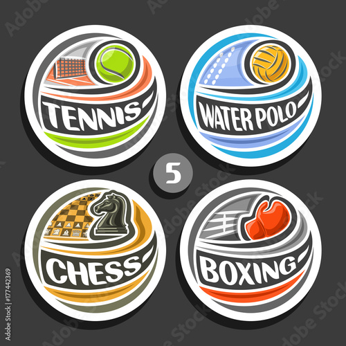 Vector set of sport logos, 4 round simple badges with flying ball on curved trajectory, circle sports signs of minimal design with games equipment, original type for words of different kind of sport.