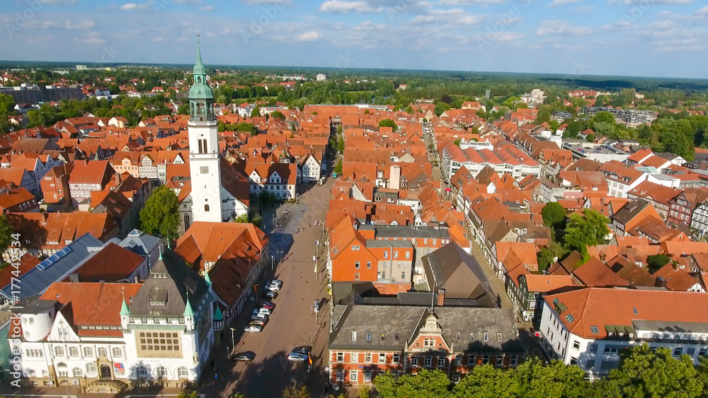 Naklejka premium Aerial view of Celle at sunset, Germany