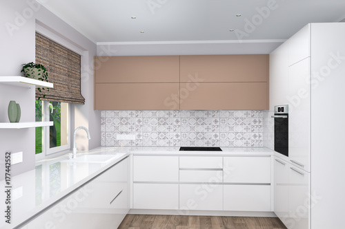 Realistic 3D rendering. Modern creative white kitchen furniture design in light interior. Interior design. Glossy facades. Home Interior Design Software Programs. Scandinavian design.