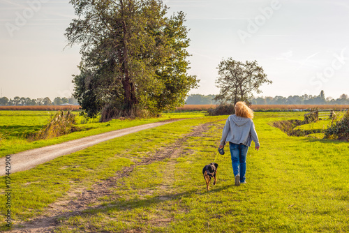 Obraz na płótnie Walking the dog in a rural landscape w salonie