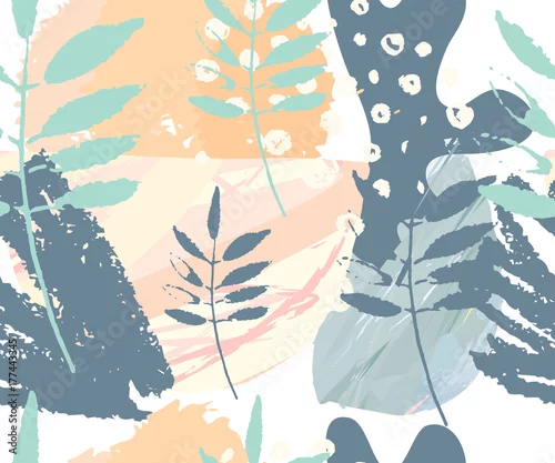 Tapety Streszczenie szwu. Ręcznie rysowane tekstury. Pociągnięcia pędzlem w pastelowych kolorach i gałęzi drzew. Wektor Okładki, ulotki, banery, prezentacje, książki, zeszyty.