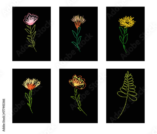 Embroidered effect flower drawings. Posters or cards. Vector. Black background.Birthday, anniversary, Valentin’s day, party invitations, wedding, covers.
