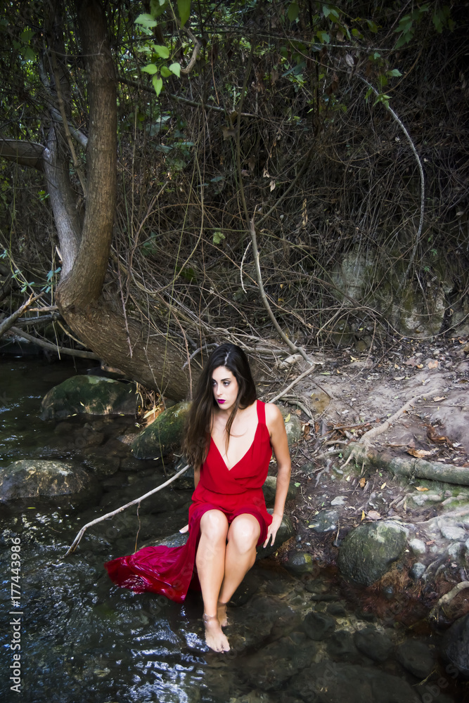 Fototapeta premium Beautiful woman on the bank of a mountain river with an evening dress