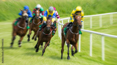 Race horses and jockeys motion blur zoom effect