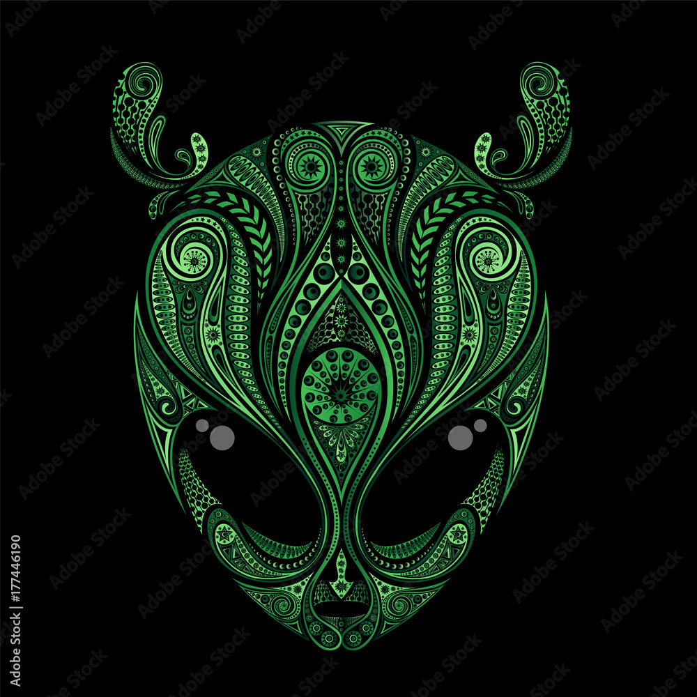 Green vector drawing of an alien's head with antennas from patterns