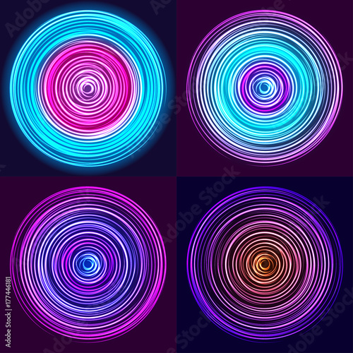 Glow spin neon circles set. Abstract background. Vector illustration