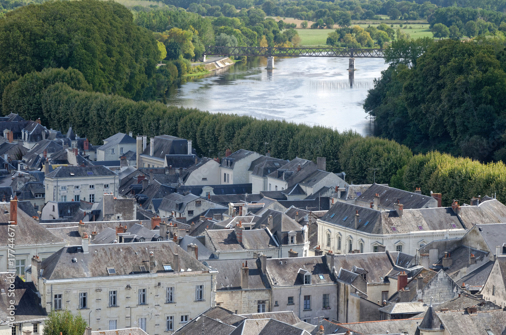 Aerial view of a french town by a riverside