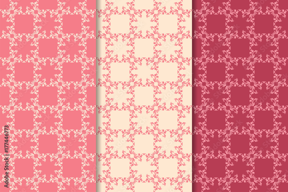 Set of floral ornaments. Cherry pink vertical seamless patterns