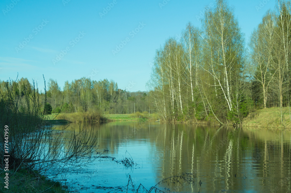 Fototapeta premium Evening view of Lake with reflection of trees in the water.