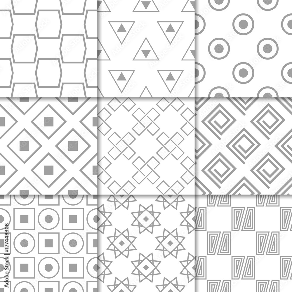 Light gray geometric ornaments. Collection of seamless patterns Light gray geometric ornaments. Collection of seamless patterns