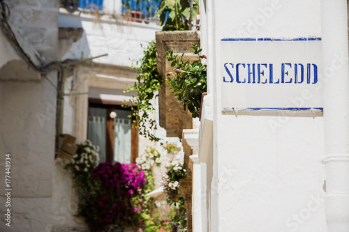 фотографія Road sign with street dialect name in a Puglia road