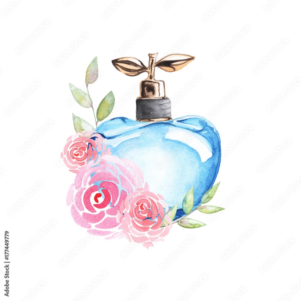 Blue perfume bottle with pink flowers roses around fashion illustration  ilustración de Stock | Adobe Stock