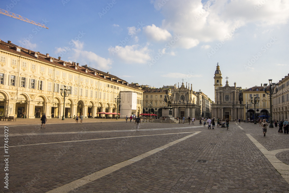 Monuments of Piazza San Carlo, one of the main city squares in Turin, Italy