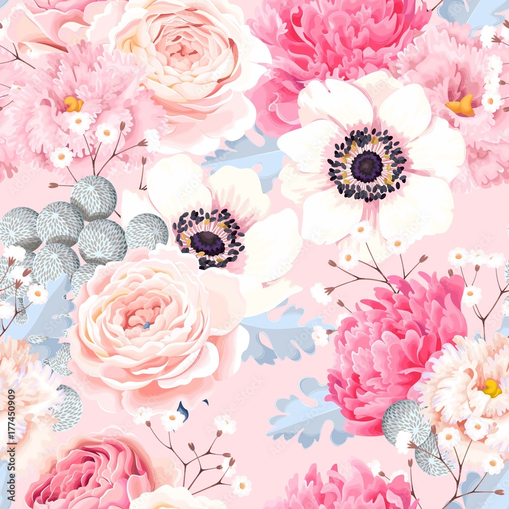 Seamless pattern with anemones and roses
