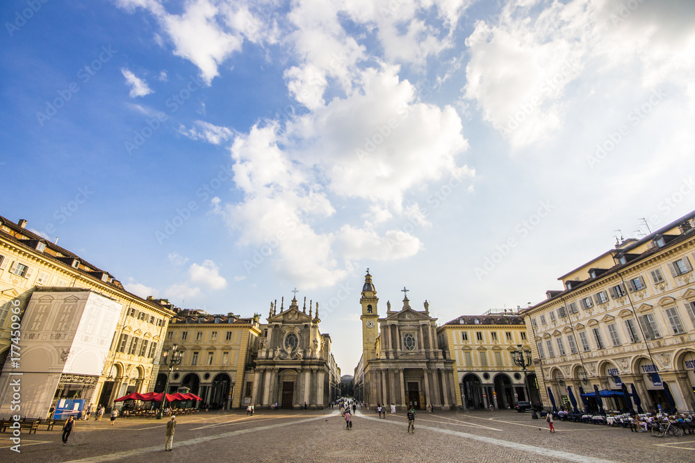Monuments of Piazza San Carlo, one of the main city squares in Turin, Italy