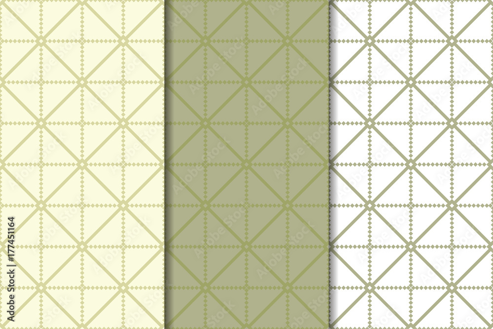 Olive green and white geometric ornaments. Set of seamless patterns Olive green and white geometric ornaments. Set of seamless patterns