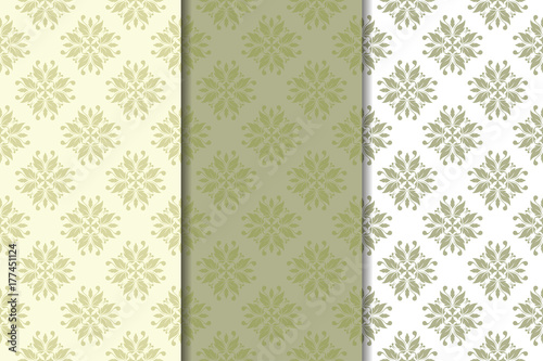 Set of olive green floral backgrounds. Seamless patterns © Liudmyla