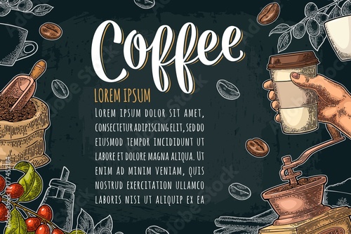 Template poster with hand holding disposable cup coffee