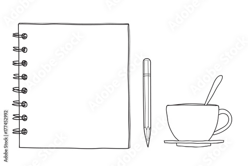 notebook note paper coffee cup and pencil hand drawn vector line art illustration
