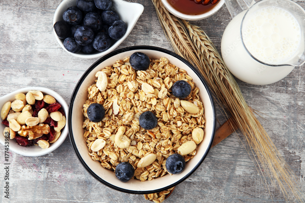 Oat flakes with milk, honey, blueberries, raspberries and nuts. Oat flakes with milk, honey, blueberries, raspberries and nuts.