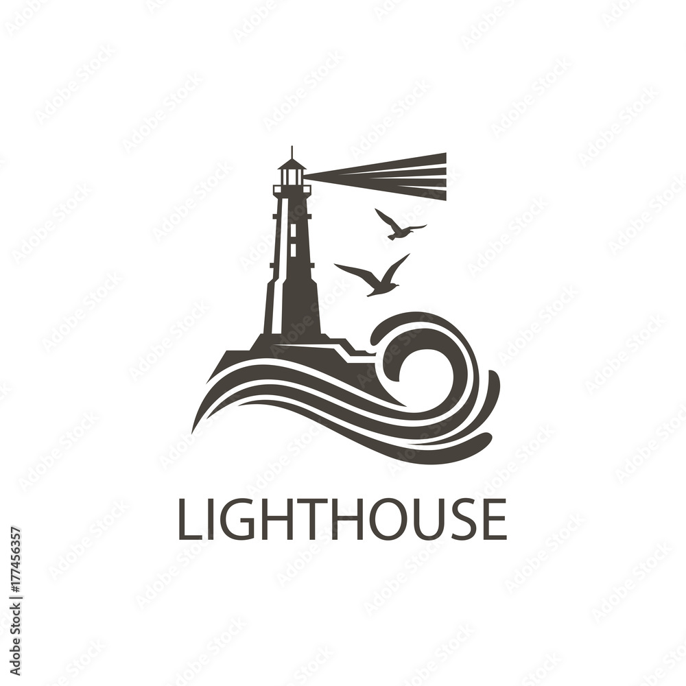 lighthouse icon image with ocean waves and seagulls