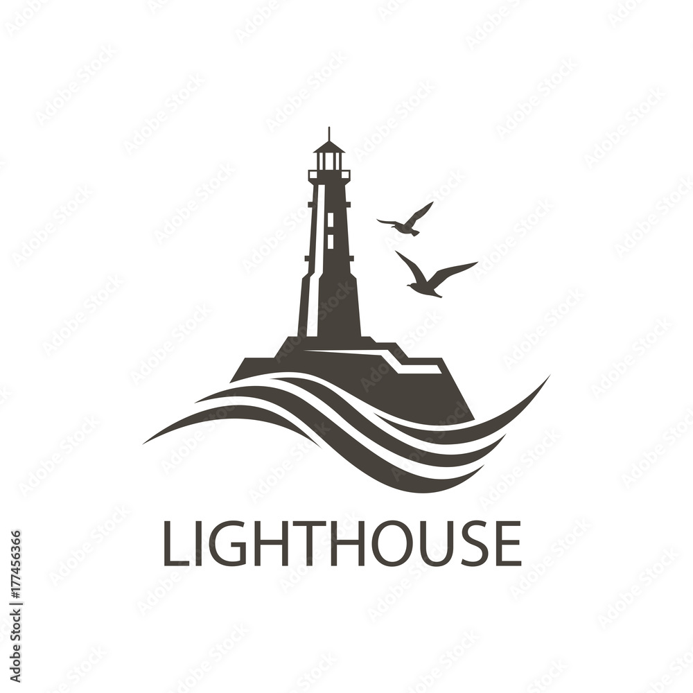 lighthouse icon image with ocean waves and seagulls
