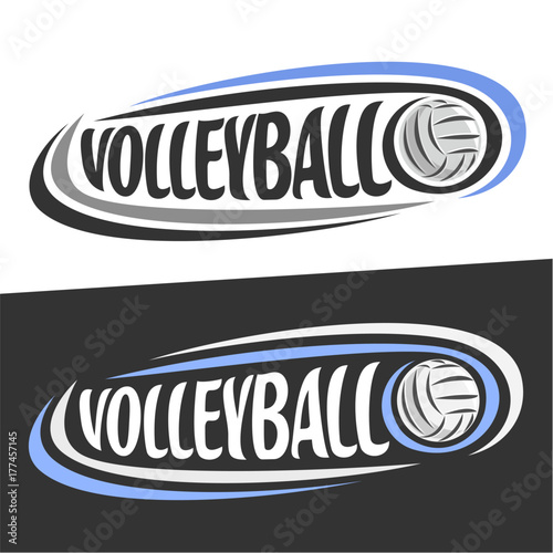 Vector logos for Volleyball sport, flying ball and handwritten word - volleyball on black, curved lines around creative typography for text - volleyball on white background, sports drawn decoration.