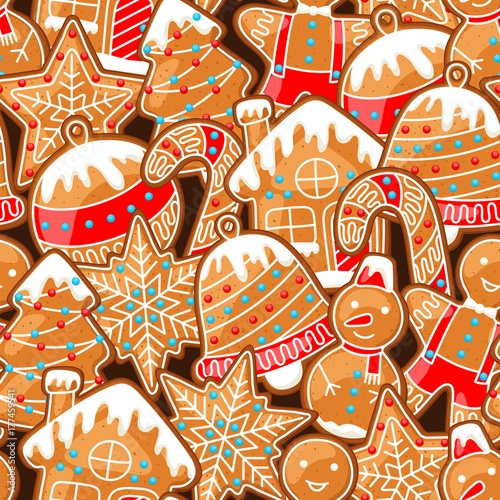 Merry Christmas seamless pattern with various gingerbreads