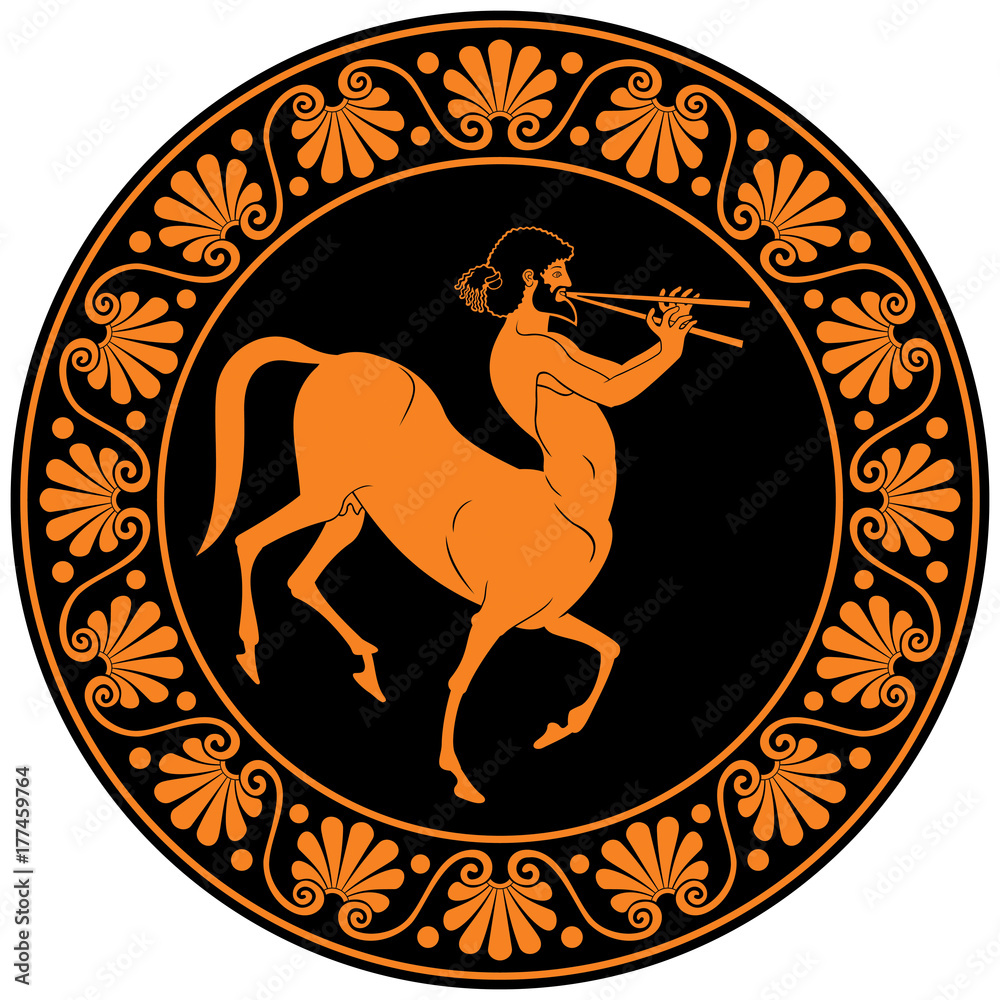 Centaur, half horse half human mythological creature, plays music on an  aulos, Ancient Greek wind music instrument, red-figure vase painting style  vector illustration Stock Vector | Adobe Stock