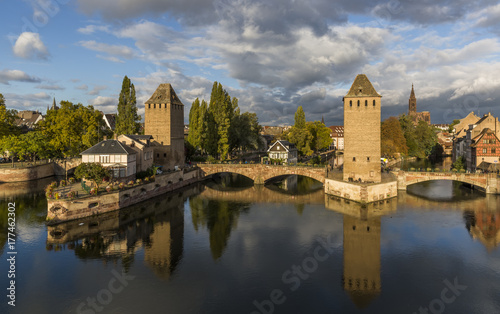 Evening panorama of Strasbourg, the medieval bridge, towers and cathedral
