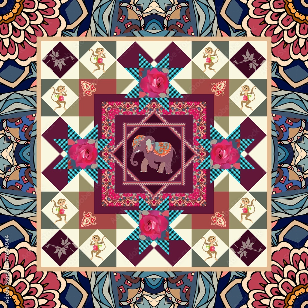 Beautiful blanket with cute cartoon elephant, funny monkeys, paisley and  flowers in indian style. Vector illustration. Stock Vector | Adobe Stock