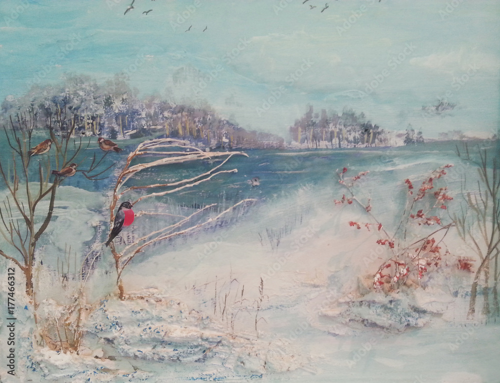 Obraz premium Oil painting, winter trees, river and birds