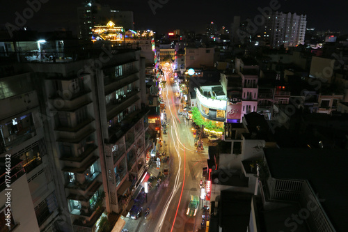 Pham Ngu Lao, backpacker street, in Saigon at night from rooftop Ho Chi Minh city