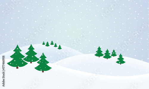 Vector flat design illustration of a snowy winter landscape with hills, coniferous trees and snowflakes on a winter day - suitable for Christmas greeting
