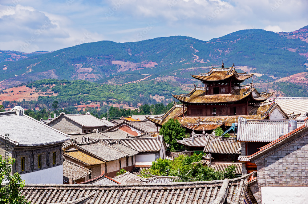 Top view of Chinese Traditional Tiled roofs in Dali - Yunnan, China