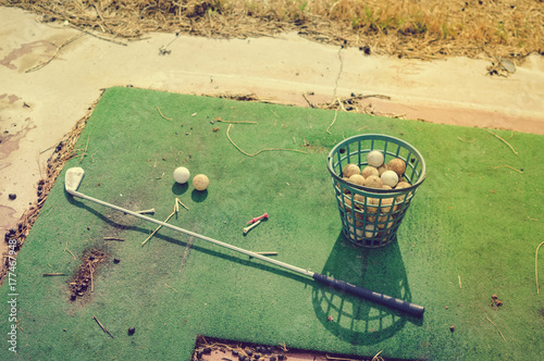 Abandoned golf course old grass natural view outdoors scenery background. Rural dirty closed down golfing club nature countryside landscape