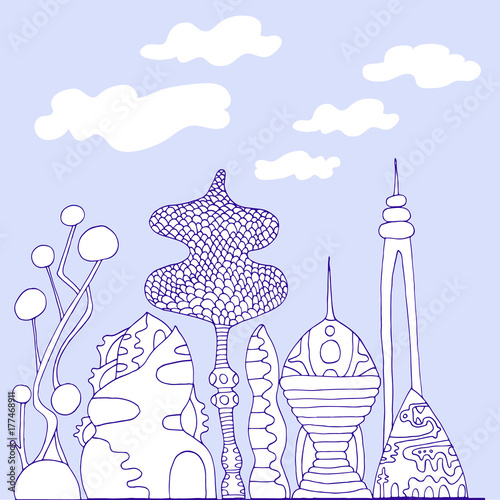 Monochrome, colorful fantastic city, cartoon sketch style, hand drawing futuristic city