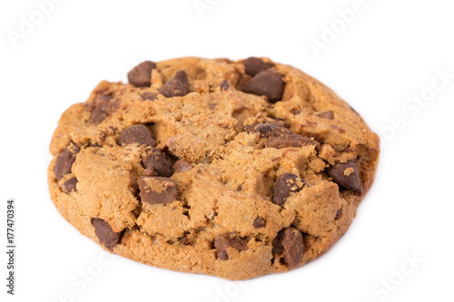 one chocolate chip cookie isolated on white background