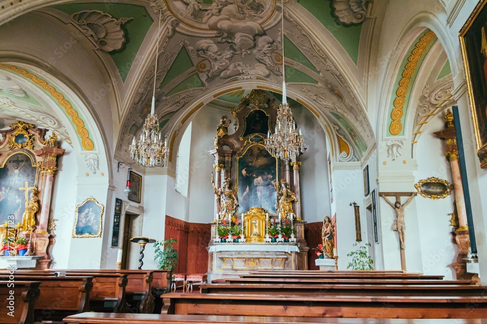 Little catholic church of St. John's interior in Salzburg, Austria