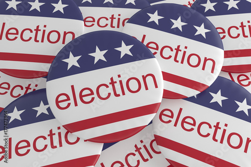 USA Politics News Badges: Pile of Election Buttons With US Flag, 3d illustration