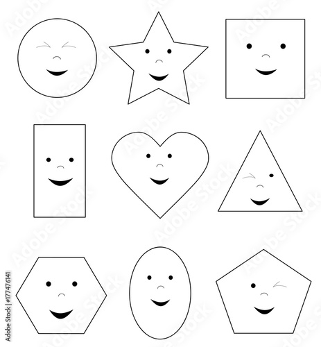 coloring page with smiling happy basic geometric shapes / vector illustration for children