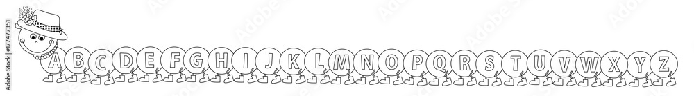 happy, smiling caterpillar with letters a-z / coloring page for children