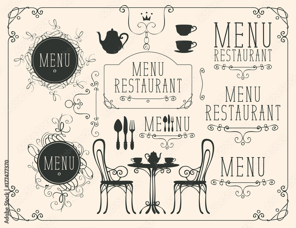 Vector set of images on the theme of menu for restaurant or cafe on a beige background in the art Nouveau style