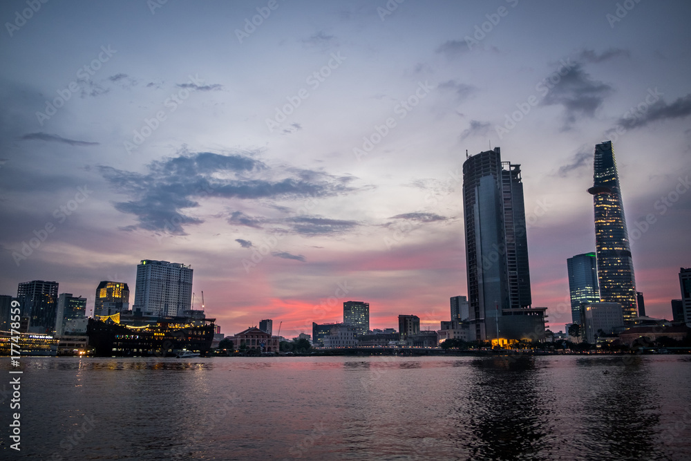 Sunset over Downtown Saigon, Ho Chi Minh city, Viet Nam. Ho Chi Minh city is the biggest city of Vietnam and is the economic center of the country